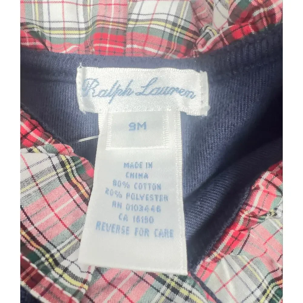 Vintage Ralph Lauren Baby 9M Navy Velour Footed Onesie Plaid Holiday NWT Y2K
